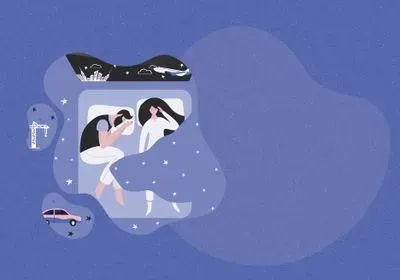 Clip art of a crane, car, and plane flying over a city outside the window of two people in bed not sleeping, with a starry night background